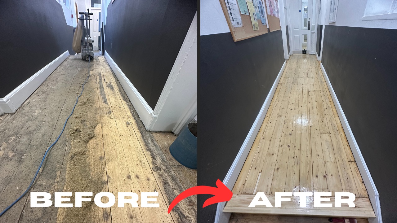 Wood Floor Sanding in south-west-london — before-and-after of a long corridor showing softwood pine floorboards restored from worn, dusty boards to a smooth, lacquered finish.