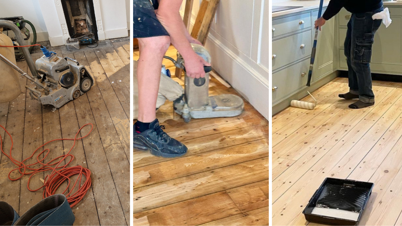 Wood Floor Sanding in south-west-london — three-panel view of solid softwood pine floorboards: before (old boards with drum sander), during edge work, and after with fresh finish.