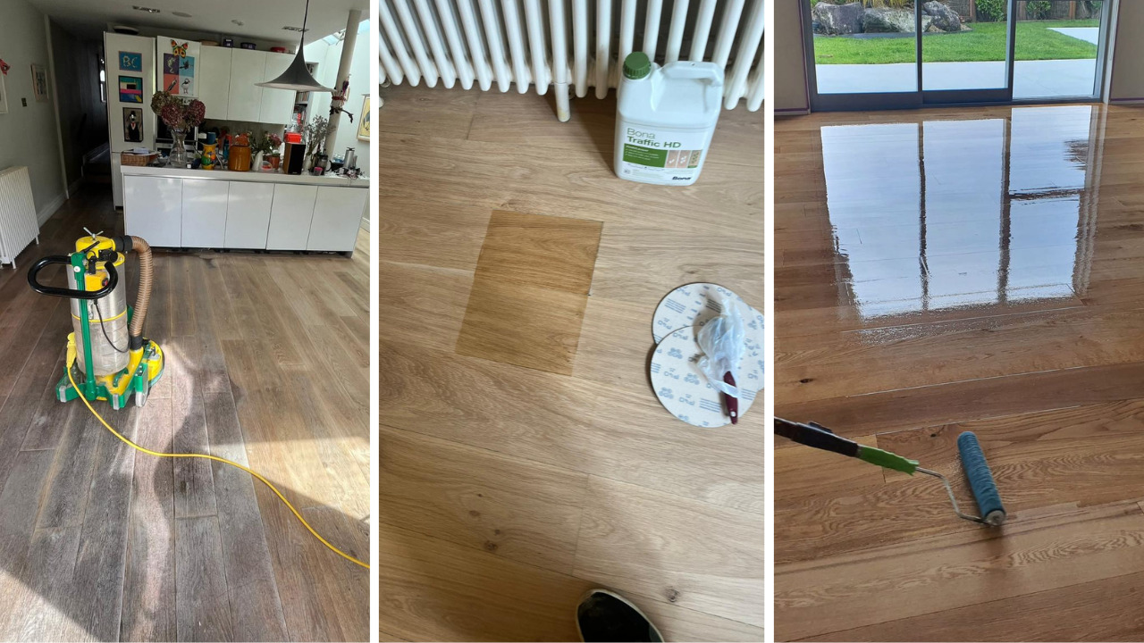 Hardwood Floor Refinishing in south-west-london – three-stage collage of European oak engineered plank floor: dust-free sanding, test patch with lacquer, and final roller-applied coat to a smooth, durable sheen.