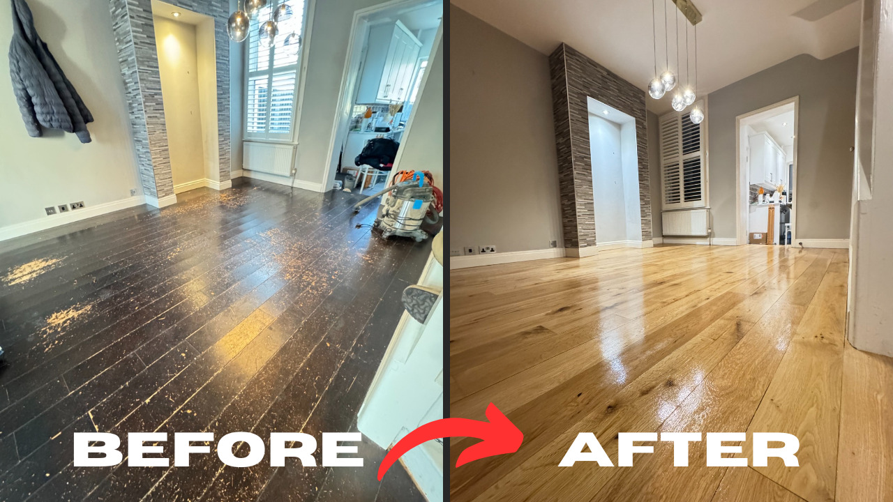 Hardwood Floor Refinishing in south-west-london – before and after of oak hardwood floorboards, worn dark finish sanded back and refinished to a smooth, durable satin sheen in a living room.