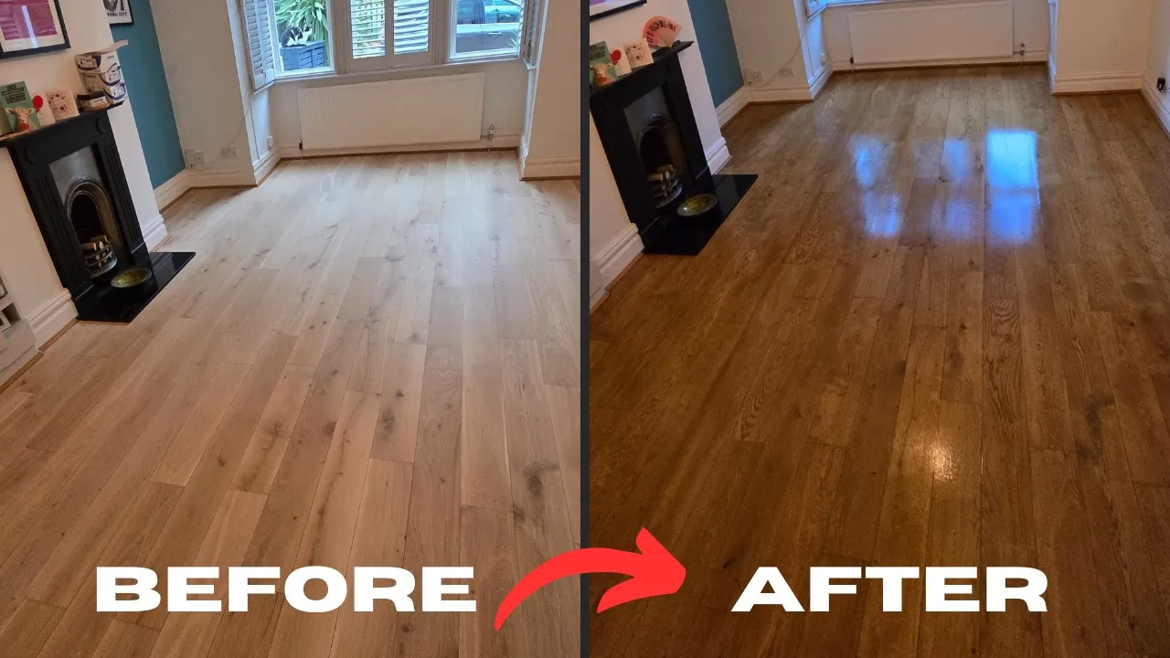 Hardwood Floor Refinishing in south-west-london – oak hardwood plank living-room floor shown before (pale, dull) and after (rich, glossy) professional refinishing.