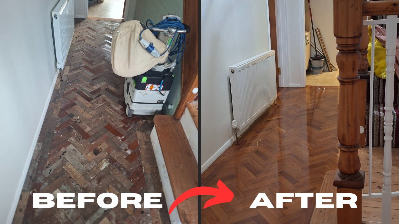 Parquet Floor Sanding in south-west-london showing a dramatic before and after of an oak herringbone hallway floor, restored from worn, dull blocks to a smooth, glossy finish.