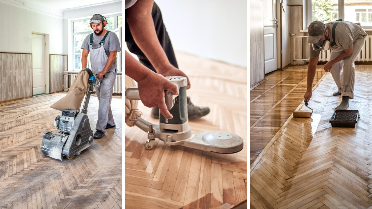Parquet Floor Sanding in south-west-london showing tradesmen sanding and varnishing an oak herringbone parquet floor through different restoration stages.