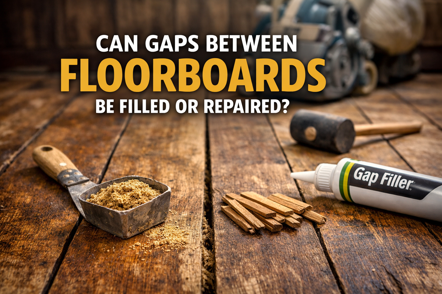 can-gaps-between-floorboards-be-filled-or-repaired-south-west-london.jpg Close-up of repaired wooden floorboards with visible gaps, filler, timber slivers, and sanding tools in a South West London restoration setting.
