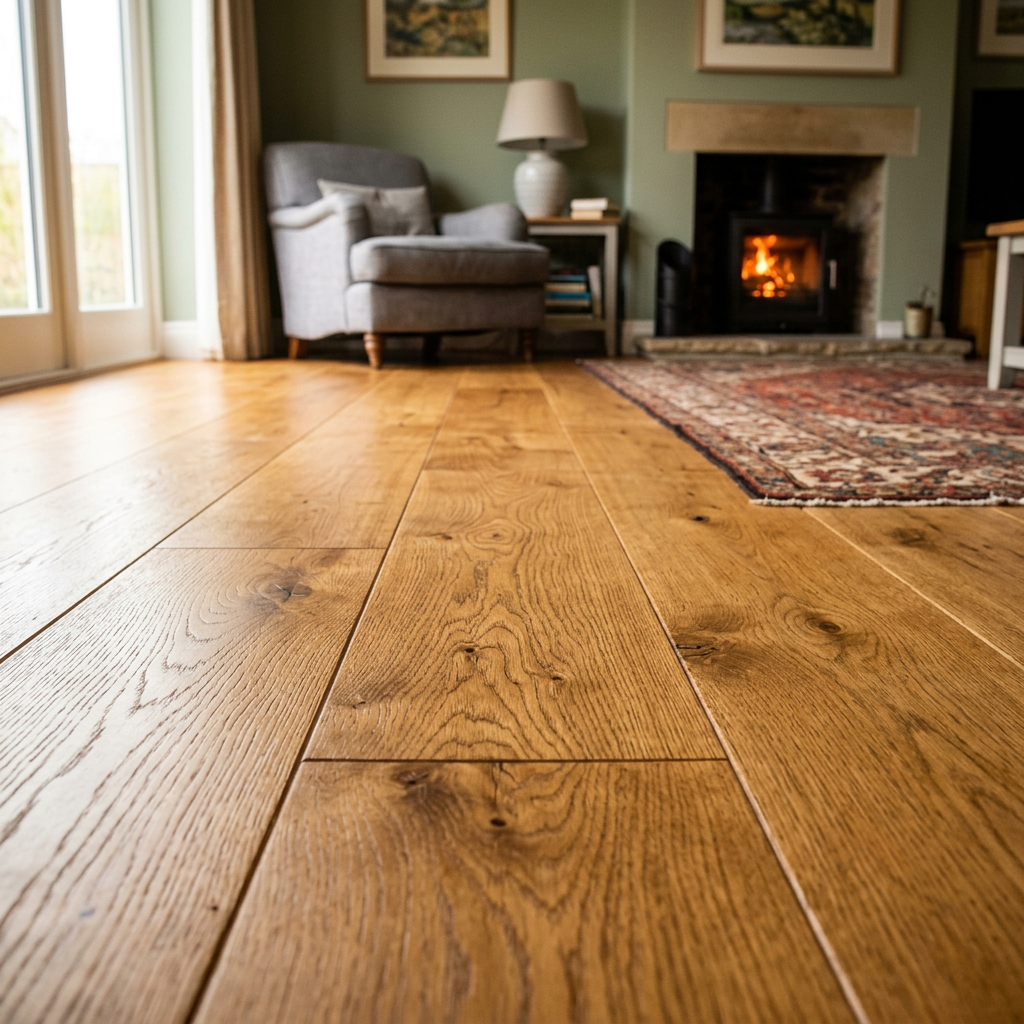 Oak Floorboards Finished with Osmo Hardwax Oil Close-up of premium oak floorboards with a soft satin sheen from Osmo Hardwax Oil.
