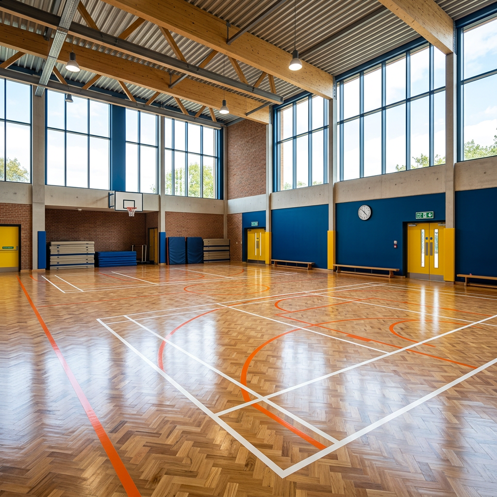 A wide-angle shot of a primary school sports hall with freshly lacquered Granwood flooring and court markings.