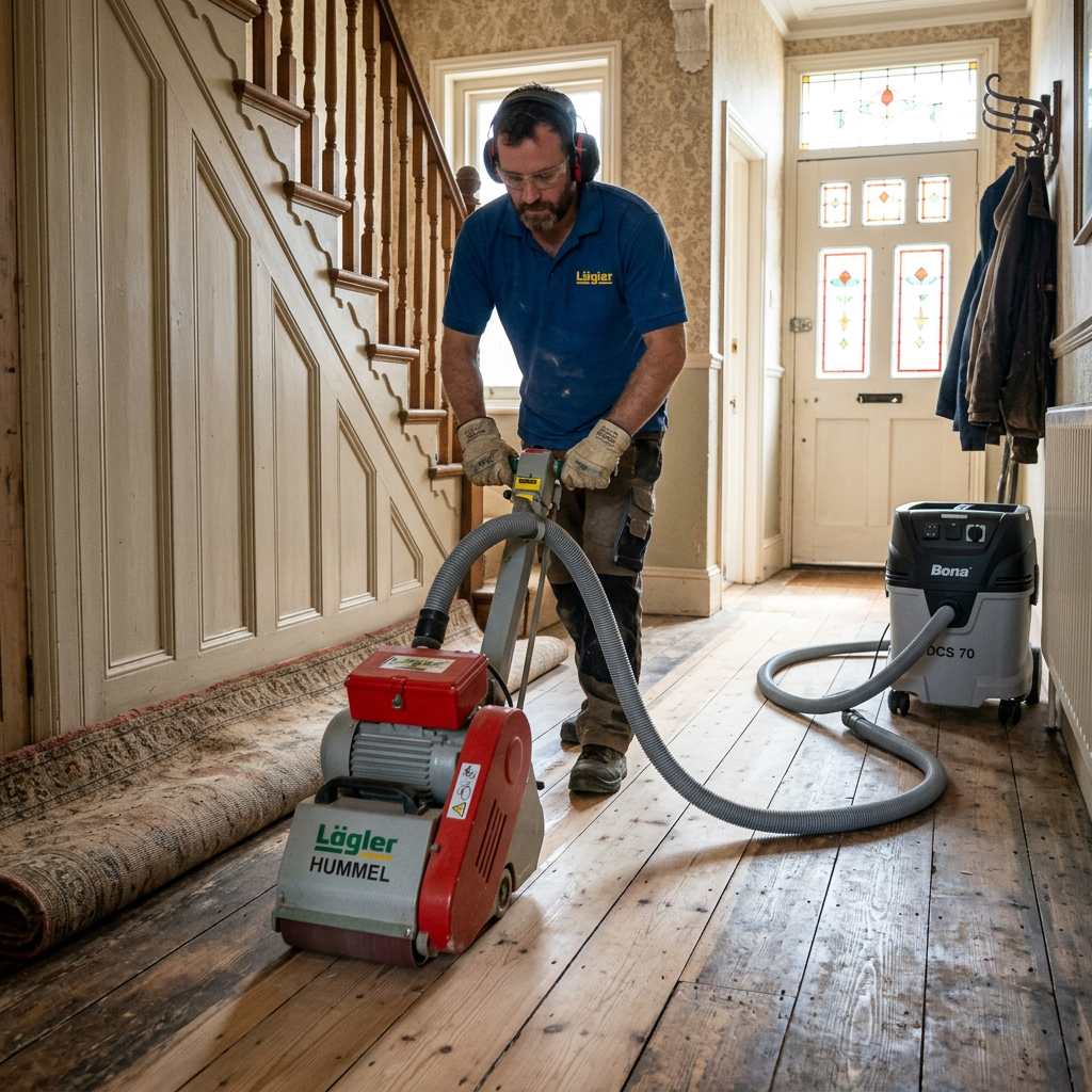 Victorian Pine Floor Restoration with Lägler Hummel A professional tradesman sanding Victorian pine floorboards with a Lägler Hummel in a London home.