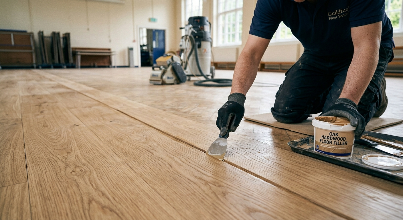 A professional contractor performing school floor gap filling in South West London, using a putty knife to apply oak hardwood floor filler to a large wooden hall floor with industrial sanding equipment in the background.