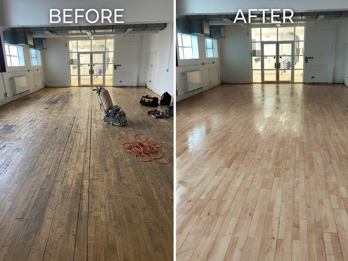 Before and after comparison of a school floor restoration in South West London, showing the transformation from a dark, worn timber hall to a bright, professionally sanded and lacquered wood surface.
