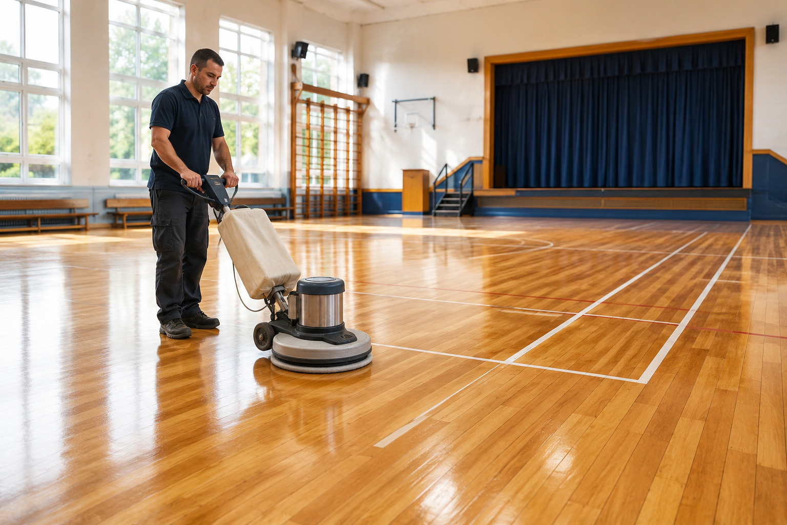 Professional School Gym Floor Buffing and Maintenance A professional contractor using a floor-buffing machine on a polished wooden school gym floor in South West London, with a stage and basketball markings in the background.