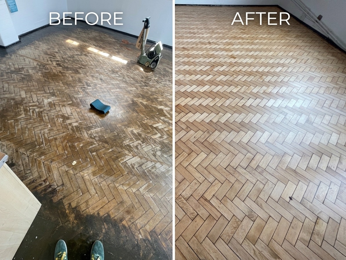 A split-screen comparison showing a dirty, worn herringbone parquet floor in a school hall before restoration and the same floor after professional sanding and finishing, revealing clean, light wood grain.