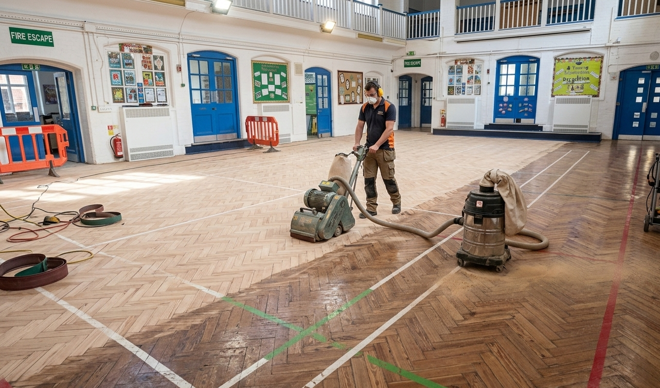 A professional contractor using a heavy-duty floor sander on a traditional wood parquet floor in a South West London school hall, showing the contrast between the old dark finish and the new light wood.