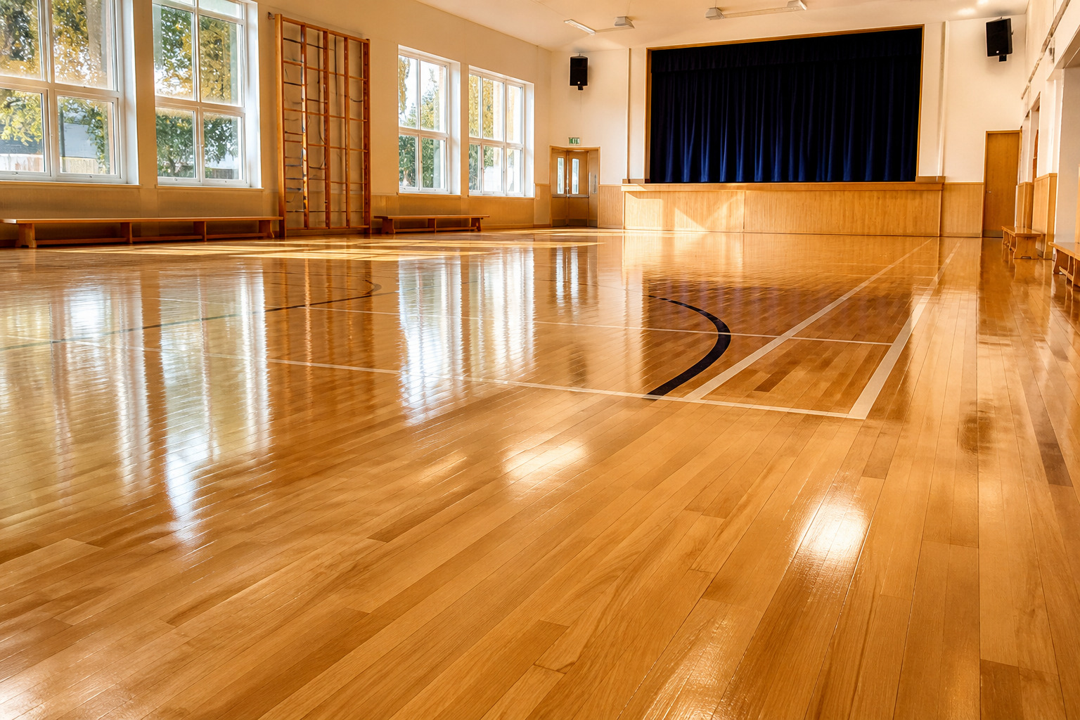 A wide-angle view of a gleaming, newly restored wooden sports hall floor in a South West London school, featuring professional court markings and a stage with blue curtains.