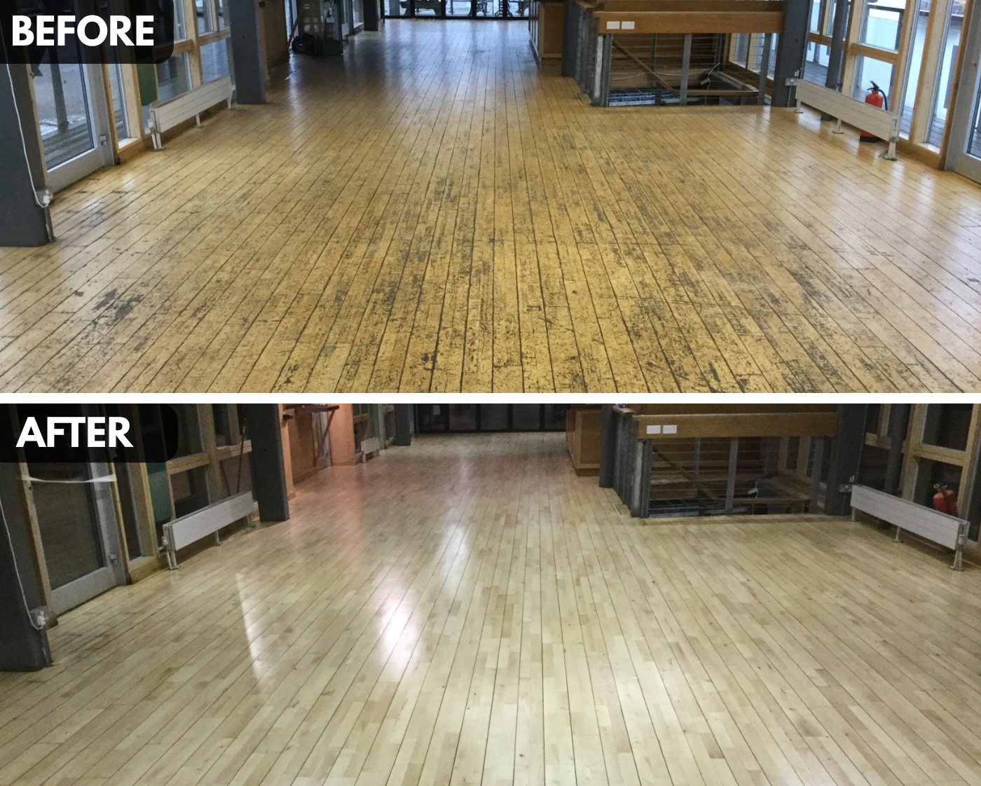 Before and after comparison of church hall floor sanding – worn, scratched and dirty wooden floorboards transformed into a smooth, high-gloss light oak finish