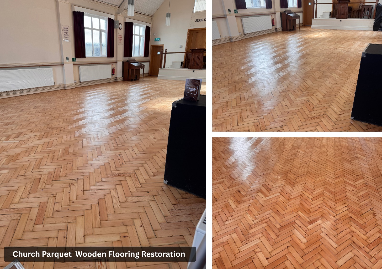 Restored light oak herringbone parquet floor in a church hall after professional sanding and sealing, shown in wide and close-up views with a high-gloss finish