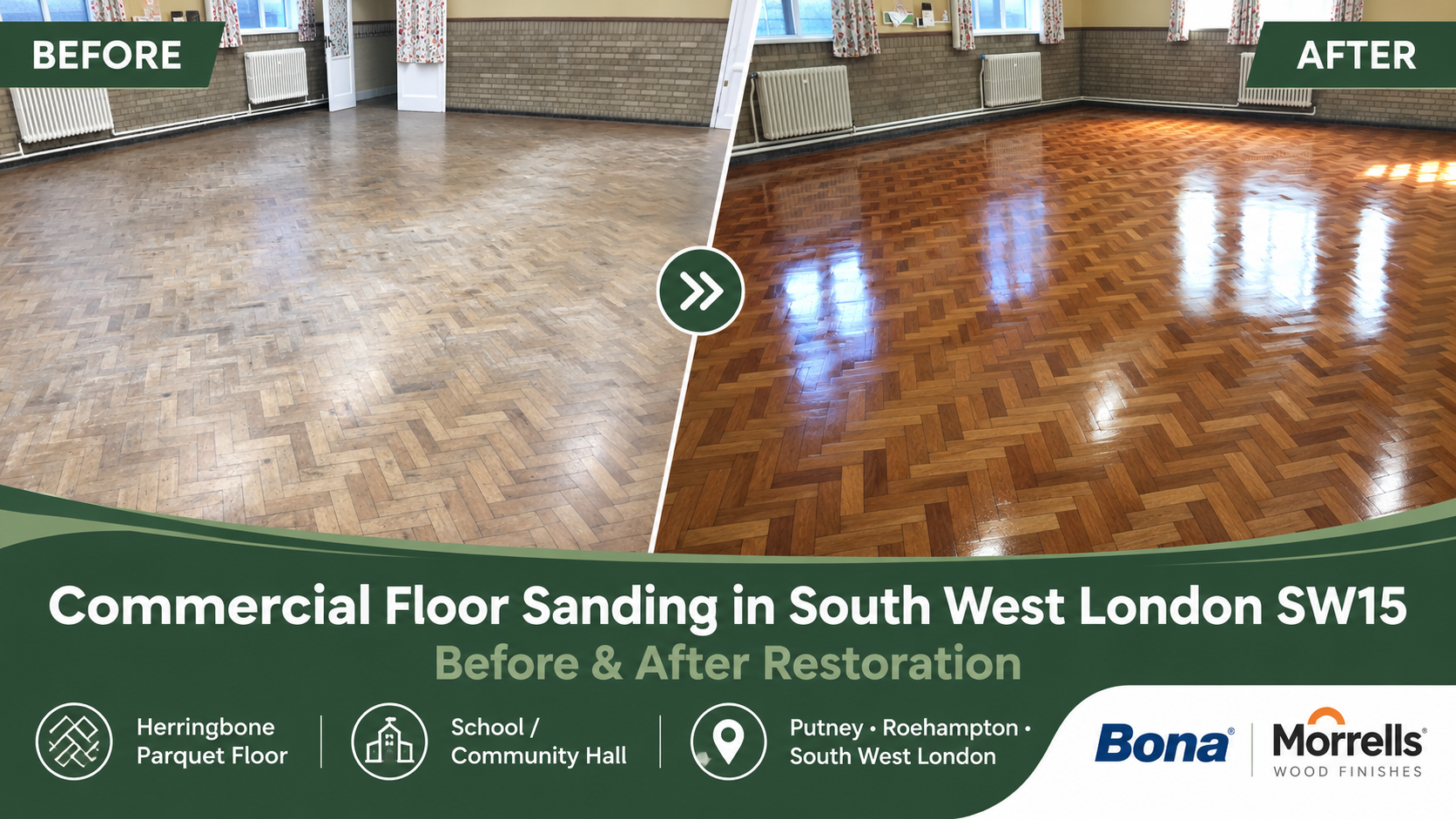 Before and after commercial herringbone parquet floor sanding and restoration in South West London SW15