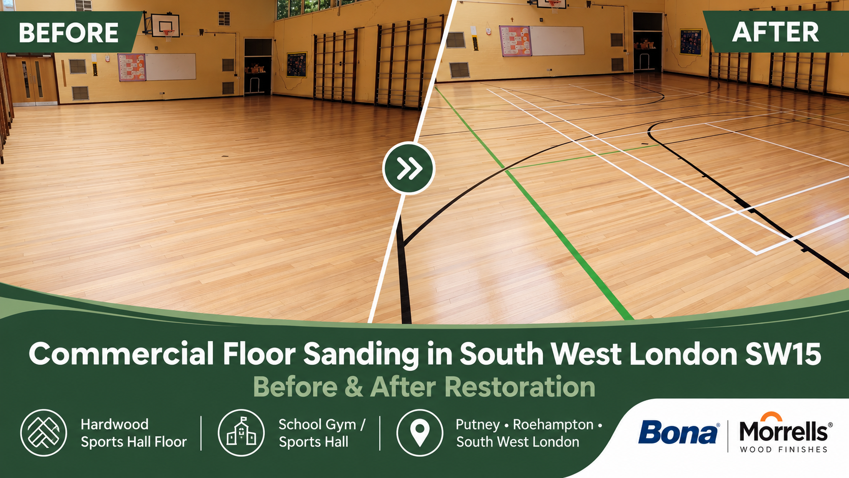 Before and after hardwood school sports hall floor restoration and court line marking in South West London SW15